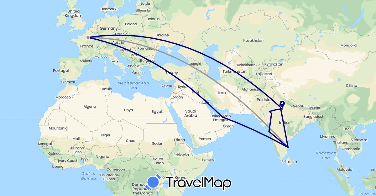 TravelMap itinerary: driving, plane in United Arab Emirates, France, India (Asia, Europe)